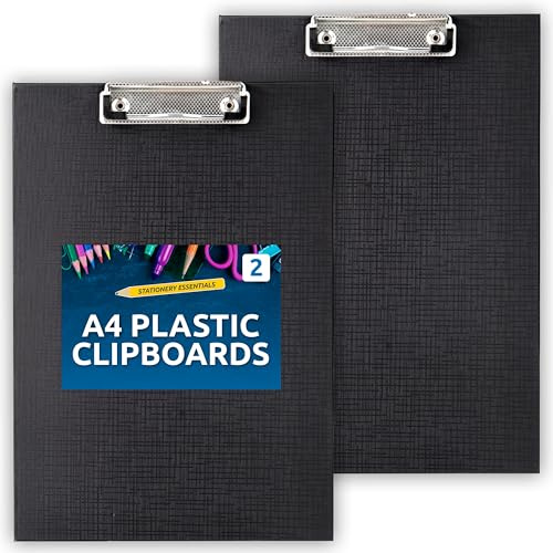 SOL 2pk A4 Plastic Clipboards, 218mm x 310mm Black Clipboard A4, Durable PVC Clip Board for Secure Document Holding, Lightweight, Water-Resistant for Office, School & Fieldwork Use