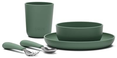 Lalo Big Bites Kids Dinnerware Starter Set - Dishwasher Safe, BPA Free, Kids Tableware Set - Includes Stackable Bowl, Plate, Utensils & Cup - 5 Pieces - Olive