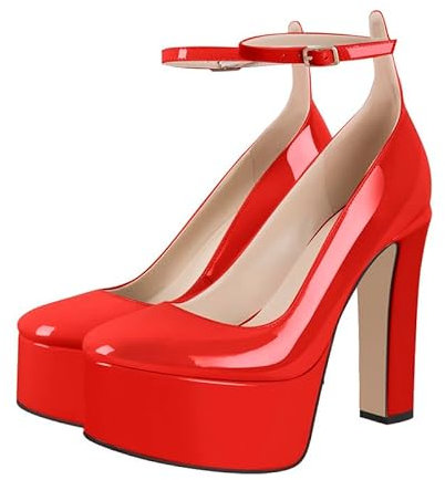 Women's Dressy Platform Chunky High Heels Patent Leather Ankle Strap Closed Toe Heeled Mary Jane Pumps Shoes Block Heels Ankle Buckle Wedding Prom Party Dres Shoes Red Size 9