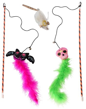 DINGO Z30036 - Set di giocattoli per gatti, 2 bacchette con mostri raccapriccianti dalla coda piumata e 1 giocattolo per gatti Angelo Mouse con erba gatta, 3 giocattoli con campane, texture morbida e