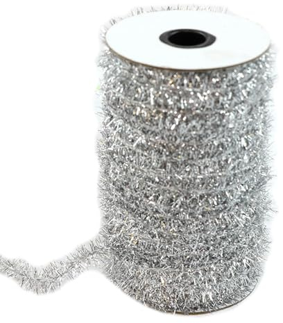 SMTCM Cinta de espumillón de Navidad de 60 yardas, color plateado, metálica, fina, guirnalda de espumillón con purpurina, guirnalda artificial, alambre de chenilla, decoración navideña para bodas