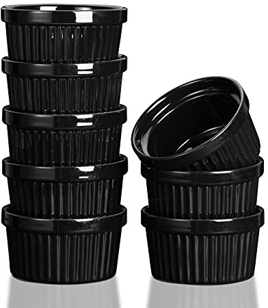 Garvee Keramik-Auflaufförmchen, 237 ml, 8 Stück, Creme-Brûlée-Auflaufförmchen zum Backen, Pudding-Custard-Tassen, Dip-Soßen, spülmaschinen- und ofenfest, Schwarz