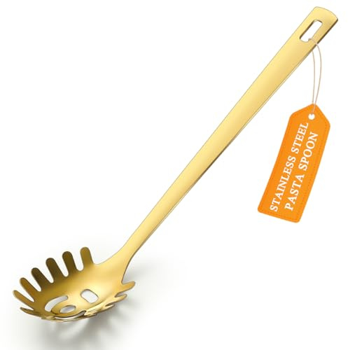 Cuillère à spaghetti dorée, Pelle à pâtes ReaNea, Cuillère à pâtes en acier inoxydable avec dents, Fourchette à pâtes en métal, Ustensiles de cuisine dorés, Résistant à la chaleur