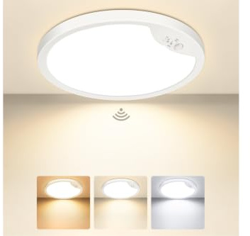 Mugust 22 cm Plafonnier LED med Rörelsesensor, 18W 2700K/4000K/6500K Vattentät IP44 Rund Taklampa, lämplig för Korridor, Trappa, Garage, Balkong (22 cm)