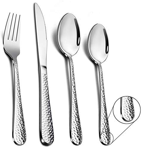 Homikit Cutlery Sets, Stainless Steel 16 Piece Hammered Cutlery Set, Metal Silverware Tableware Include Fork Knife Spoon Set Great for Christmas/Party/Camping, Mirror Finished & Dishwasher Safe