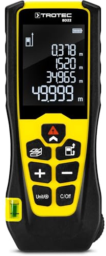TROTEC Laser Entfernungsmesser BD22 – Digitales Messgerät Entfernung – Reichweite bis 50 m, Speicher für 50 Messwerte, IP54, Wasserwaage, Abschaltautomatik