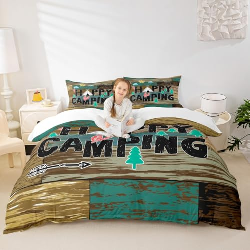Happy Camping Campers Duvet Cover Queen,Wooden Door Pines Lattice Bedding Set,Happy Outdoors Natural Comforter Cover 3 Pcs for Kids Teens Adults Room Decor,Rustic Brown Quilt Cover with 2 Pillowcases