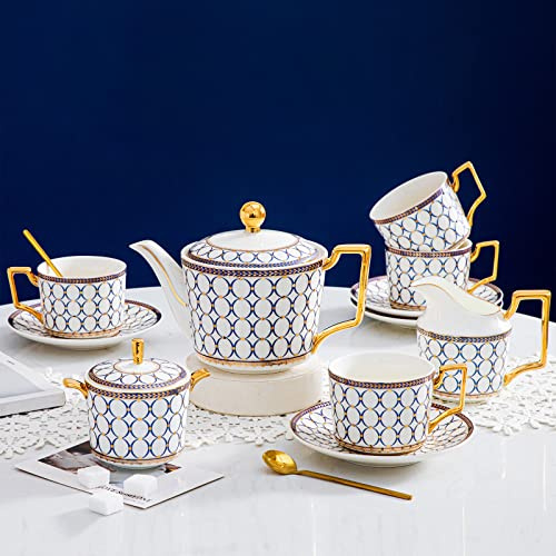 CwlwGO British Bone China Blue Gold Tea Cup & Saucer Set of 4 with Gift Box | Elegant Coffee & Tea Set With Exquisite Gifts Box, Ideal For Women And Adults Afternoon Tea party