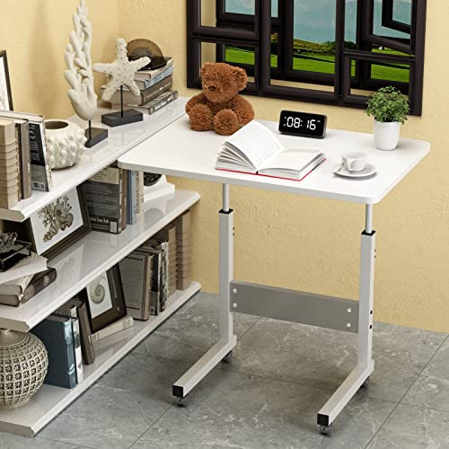 Höhenverstellbarer Schreibtisch Holz Tisch Computertisch mit Tischplatte Sitz- & Stehpult, Tischbeine aus Metall mit Mobiler Rollen, Weiß Laptoptisch Höhenverstellbar Standing Desk, 60x40cm