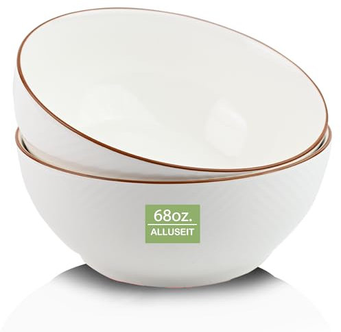 ALLUSEIT Schüssel Groß, 2Teilige 2000ml Servierschüssel Rührschüssel, Gittermuster Weiß Porzellan Schale Set für Salat Pasta Nudeln Pho Ramen Suppen Müsli Obst usw. Keramik Φ20.5cm