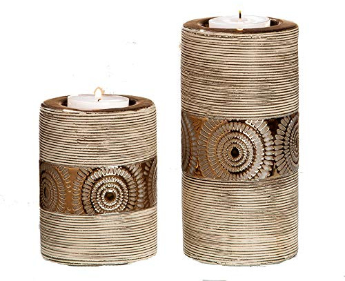DRW Set 2 portavelas Marrones Mandalas Ceramica 7.5x7.5x10 cm y 7.5x7.5x15 cm