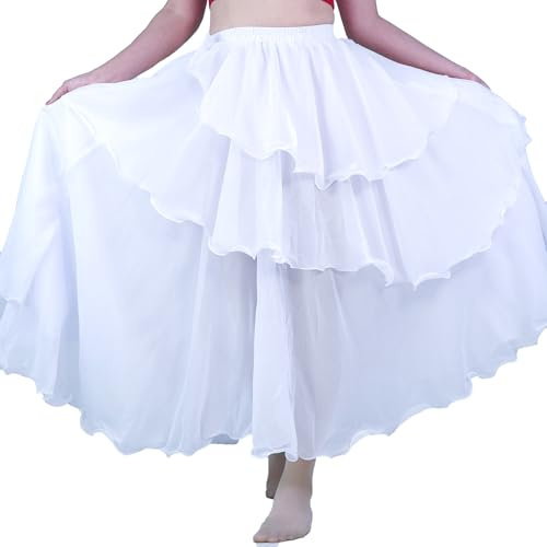 MUNAFIE Jupe Longue en Mousseline à Trois Couches pour Femme - Jupe de Danse du Ventre - Costume de Danse du Ventre, Blanc., Taille Unique