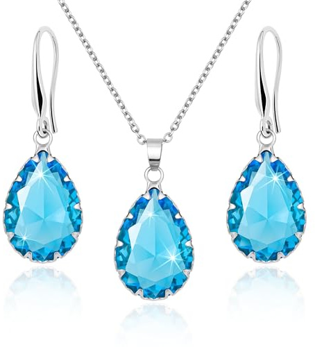 Linawe Ensemble de bijoux, parures de bijoux pour femmes, collier à chaîne bleu aigue-marine, pendentif en chaîne en argent, ensemble de boucles d'oreilles pendantes pour femmes