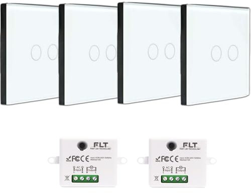 KIT interrupteur sans fil - 4 Télécommande murale DOUBLE ALLUMAGE + 2 Mini récepteur encastrable - Va et vient sans travaux - Commande à distance Tactile - Commutateur radio RF 433 mhz