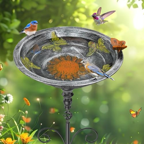 Vogelbad für Draußen Garten, Vogeltränke stehend mit Standfuß, Metall Vogelbecken Schüssel Wassertränke,Vogelfutterspender aus Gusseisen, Vogelfutterschale Wasserschale für Wildvögel (Vintage Silber)