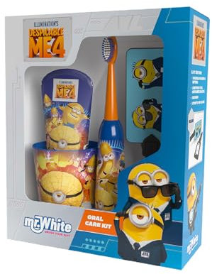 Minions Kids Oral Care Kit Gift Set – Battery-Powered Toothbrush, Mint Toothpaste (75ml), Multi-Purpose Beaker & Luggage Tag – Fun Dental Care for Ages 4+ – Travel-Friendly & Minions-Themed Gift
