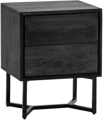 FineBuy Nachttisch Akazie Massivholz Schwarz mit 2 Schubladen & schwarzem Metallgestell – Nachtkommode mit Stauraum modern, Nachtkästchen für Boxspringbett – 45x40x57 cm