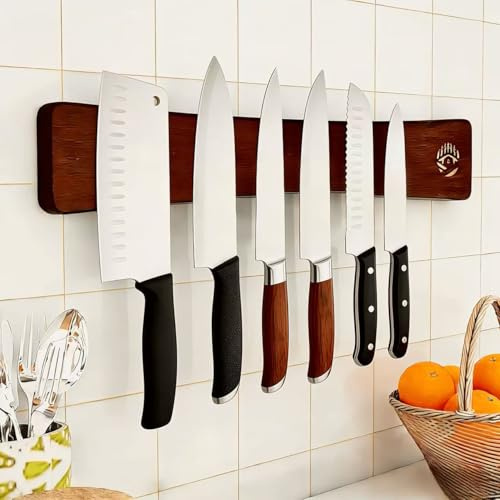 Magnetic Knife Strip, Magnetic Knife Holder for Wall 16 Inch, Solid Oak Wood Knife Magnetic Strip with N52 Strong Magnets, Wooden Knife Bar, Knife Holder Organizer for Kitchen Knives, Utensils & Tools