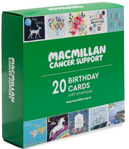 Macmillan Cancer Support Charity Birthday Cards – Pack of 20 Luxury and Eco-Friendly Birthday Cards. Boxed Multipack of 10 Happy Birthday Designs. 127x127mm Card Size. (For Everyone)