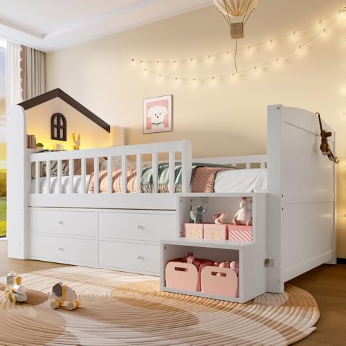 Lit cabane Enfant 90x200cm avec LED,lit superposé Enfant Forme Maison,fenêtre,lit Mezzanine 1 Place avec 4 tiroirs,avec Barriere Bande Lumineuse,échelle de Rangement,Blanc
