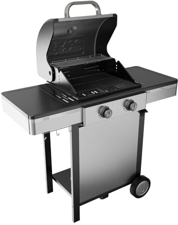 Black+Decker – Gasgrill BXOG72000D | 2 Brenner 3,6 kW | Gusseisenrost | Leichte Reinigung | Edelstahl-Thermometer | Flexible Grillfläche | Drehrollen