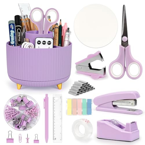 12-in-1 Stationery Set, Purple Desk Accessory for Women with Stapler & Staples Set, Pen Pot, Tape Dispenser, Scissors, Ruler, Color Tabs, Practical Office Supply for Teachers
