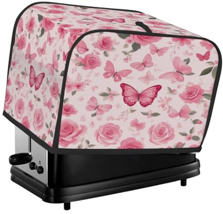 Copertura antipolvere per macchina del pane, piccolo elettrodomestico da cucina, con 2 fette di rosa e farfalle, rosa primaverile