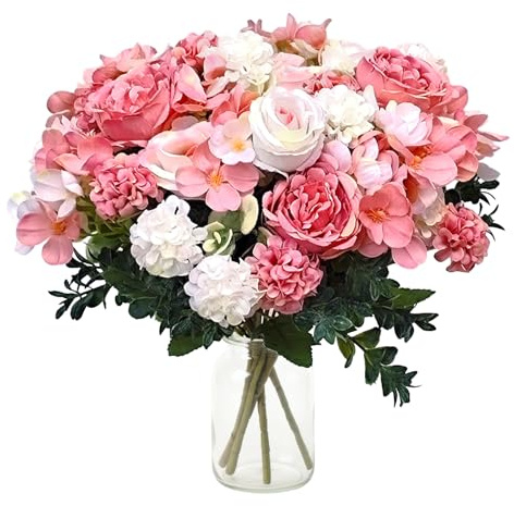 Jusdoja 4 Bunches Peony Artificial Flowers with Hydrangea Roses, Pink Fake Peonies Decorative Faux Silk Flower Bouquet for Home Wedding Party Table Centerpiece Decor