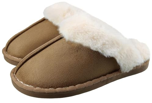 SMajong Hiver Chaussons Maison pour Femme Homme Mousse Mémoire Peluche Pantoufles Intérieure Antidérapant Chaud Pantoufles Daim Fourrure Mules(Khaki 42/43 EU)