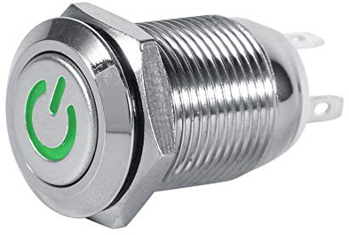 Keenso Interruttore a Pulsante di Alimentazione 12mm 12V LED, Metallo Impermeabile Tipo momentaneo Interruttore nichelato in Ottone autoripristinante con Simbolo di (Verde)