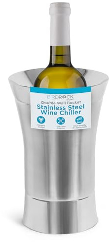 BirdRock Home Stainless-Steel Wine Chiller - Elegant Double Wall Bucket - Single Insulated Bottle Holder - Wine or Champagne Cooler for Table - Wine Accessories - Indoor or Outdoor - Silver