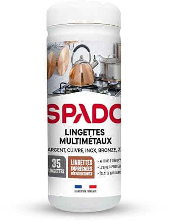 SPADO - Lingettes multi métaux - Nettoie et désoxyde couverts, bijoux, plats et argenterie - Fait briller - Lingette désincrustantes - 35 lingettes - Fabriqué en France