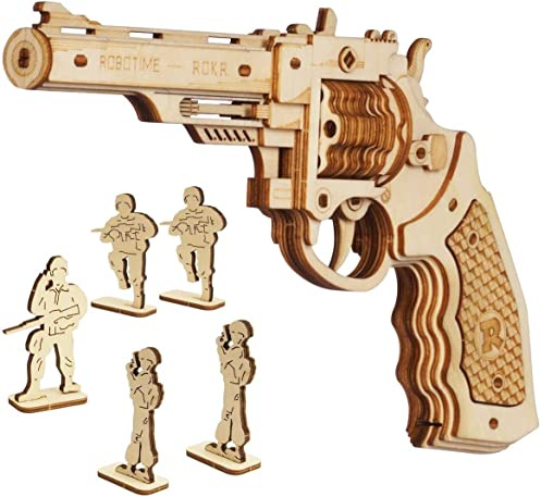 ROBOTIME Wooden Rubber Band Revolver Kit for Kids, Ages 6-10, Unisex, Classic Style, Brown, 5m Range, 102 Pieces