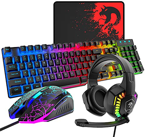 Wired Gaming Keyboard and Mouse Headset Combo,Rainbow LED Backlit Wired Keyboard,Over Ear Headphone with Mic,Rainbow Backlit Gaming Mice,Mouse Pad,for PC,Laptop,Mac,PS4,Xbox(Black)