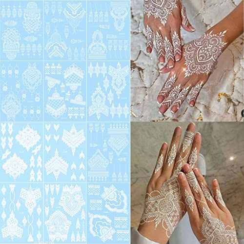 Xmasir 12 Sheets White Henna Tattoo Kit Waterproof Henna Tattoo Stickers for Women Wedding Party Temporary Sticker (White)