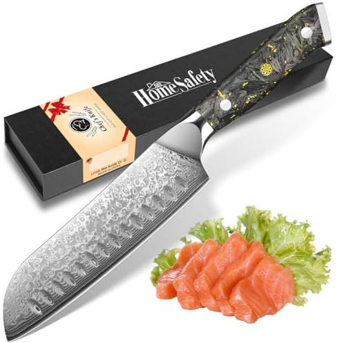 Damascato Coltello da Santoku, Coltello Damasco in 67 Strati di Acciaio Damascato VG-10, Coltello da Cucina Professionale 17.8 cm Lunghezza Lama Extra Affilata, Manico Ergonomico in Resina