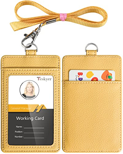 Teskyer Card Holder with Lanyard, ID Badge Holder, Oyster Card Holder, Bus Pass Holder, with Clear Window, Holding 2 Cards, PU Leather, Yellow