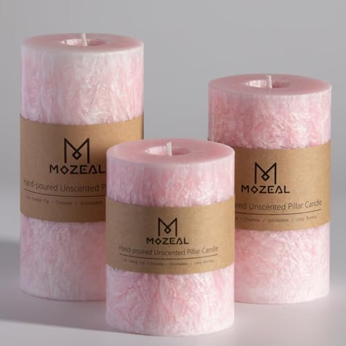 MOZEAL Hand-Poured, Unscented Pink Crystal Pillar Decorative Candles, Elegant Set of 3 in Different Sizes (3x4, 3x5, 3x6), Luxurious Décor for Spring Homes & Events