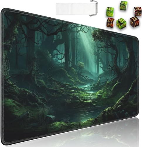 MTG Tapis de jeu + pochette de voyage avec cordon de serrage + compteur de 6 dés, pour tapis de jeu de cartes à collectionner ou grand tapis de souris, caoutchouc antidérapant, 61 x 35,6 cm, vert