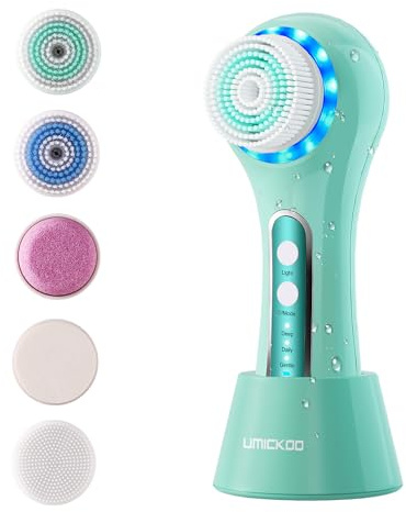 UMICKOO Electric Facial Cleansing Brush, 2-Way Rotating Face Scrubber for Daily & Deep Cleaning, 3 Modes, 5 Brush Heads, Rechargeable, IPX7 Waterproof for All Skin Types