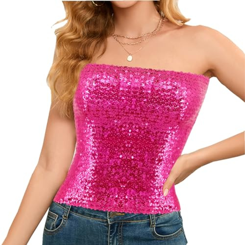 Segreto damer glitter paljetter rör topp sexig ärmlös vintage bandeau topp sjöjungfru axelbandslös crop top party axelbandstopp, Lång rosa röd, En Storlek