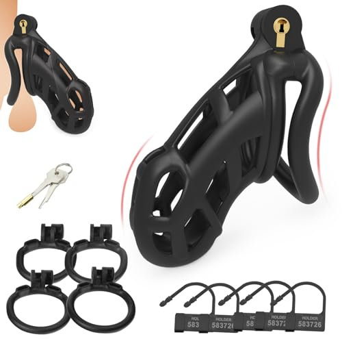 AMZII 2.0 Peniskäfig Set,3D Harz Chastity Cage Male,mit 4 Arc Hodenringe Penisringe Cockring,Keuschheitsgürtel für Herren,Keuschheitskäfig Herren Penis Käfig Cock Cage,BDSMs Spielzeug Hart (XL)
