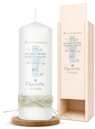 AMARI ® Kommunionkerze personalisiert Kreuz Schrift H:20cm/⌀:7cm - Personalisierte Kommunionkerze für Jungen & Mädchen – Kerze zur Kommunion selbst gestalten