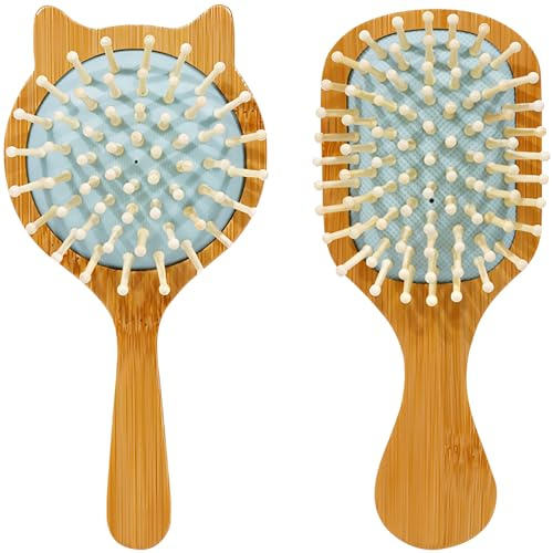 Pack of 2 Cute Hair Brushes Mini Travel Bamboo Hair Brush with Bamboo Bristles Massages Scalp Anti-Static Hair Detangler for All Types Pocket Travel Hair Brush for Men Women Kids
