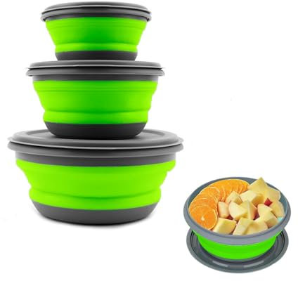CTForest 3 Pièces Bols Pliables en Silicone Vert, Ensembles Silicone Lunch Box, Bol Saladier Avec Couvercle Pour le Camping, La Randonnée, La Cuisine