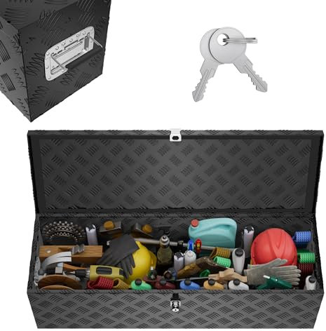 YRHome Boîte à outils en aluminium 80 l - Caisse de transport pour remorque de voiture - Avec système de verrouillage - Poignées de sécurité - 2 clés - Résistant aux chocs - Étanche - Noir - 99 x 33 x