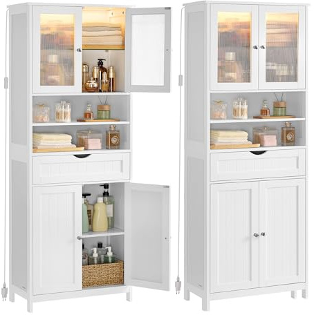 VASAGLE Armario de Almacenamiento con Iluminación, Armario de Baño, con Estantes Ajustables, Cajón, Compartimentos Abiertos, para Baño, Sala de Estar, Comedor, Blanco Nube BBC767W03