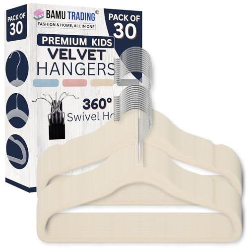 Bamu 30 Pack Kids Velvet Hangers, Non Slip Baby & Toddler Clothes Hangers, Slim Space Saving Design for Nursery Wardrobe & Closet Storage (30, Cream)