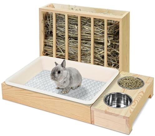 Comedero de heno 4 en 1 para conejos, con caja de arena, comedero para conejos, hámsters, comederos de heno de madera para mascotas pequeñas