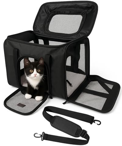 MAYKUN Top Expandable Cat Carrier Bag – Airline Approved Small & Medium Pet Travel Bag with Soft Washable Bed - Mesh Sides, Top & Front Openings - Safety Lead & Lockable Zippers (Medium)